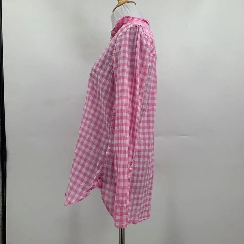 J Crew Shirt Womens 6 Pink White Boy Gingham Check Button Up Long Sleeve Top
